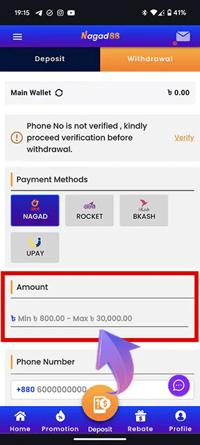 Enter the amount you wish to withdraw